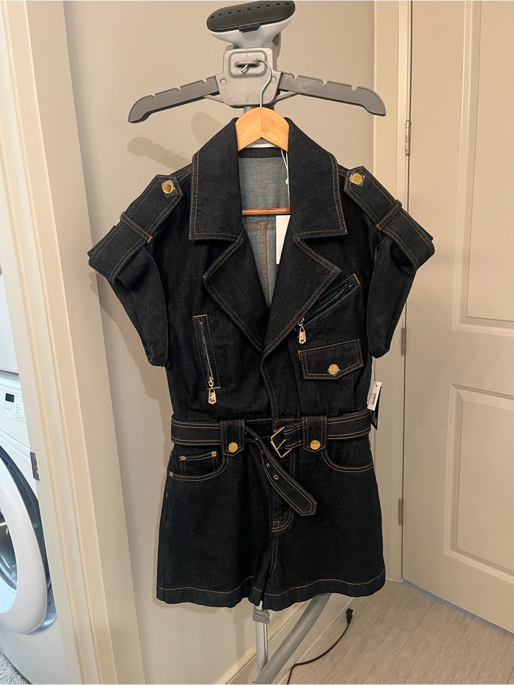 Zimmermann Crush Denim Belted Playsuit